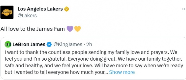 詹姆斯暖心致谢！湖人官推转发：所有的爱都献给詹姆斯的家人