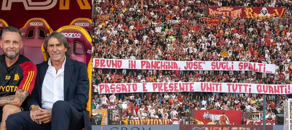罗马球迷打出标语支持名宿孔蒂和穆里尼奥：过去和现在团结在一起